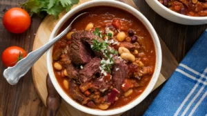 A bowl of brisket chili with tender chunks of beef, beans, and a rich, smoky tomato-based sauce.