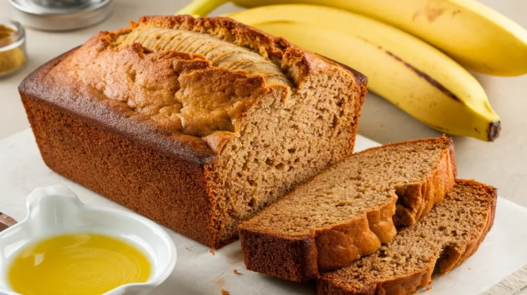 A freshly baked loaf of banana bread made with oil, sliced to reveal a moist and tender crumb.