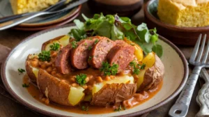 A serving of smothered potatoes and sausage, garnished with parsley, paired with cornbread and a green salad, presented on rustic tableware.