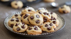 A plate of mini chocolate chip cookies, showcasing their golden-brown texture and bite-sized perfection.