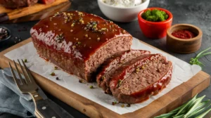 A sliced BBQ meatloaf topped with a glossy barbecue sauce glaze, served on a wooden cutting board with parsley garnish.