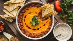 A bowl of chili cheese dip topped with melted cheese, jalapeños, and green onions, served with tortilla chips.
